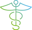 Icon of a caduceus, a common symbol for medicine and healthcare, featuring a staff with two snakes entwined and wings.