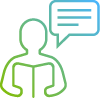 Icon of a person holding an open book with a speech bubble containing text lines, representing a student, reading, or asking a question.