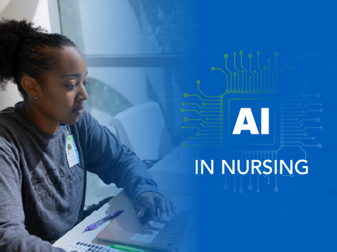 Student working on a laptop next to a graphic illustrating artificial intelligence in nursing.
