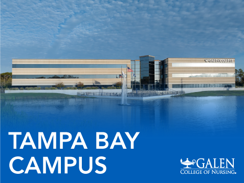 Exterior view of the Galen College of Nursing Tampa Bay Campus building reflected in a pond with a water fountain in front.