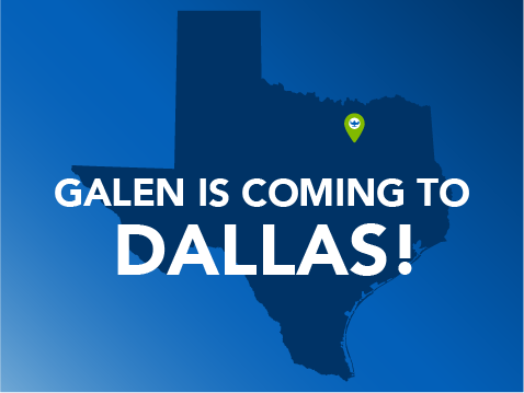 blue graphic of a map of Texas highlighting that Galen is Coming to Dallas with a location pin