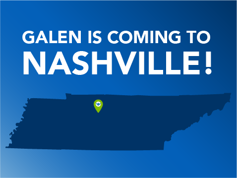 blue graphic of a map of Tennessee highlighting that Galen is Coming to Nashville with a location pin