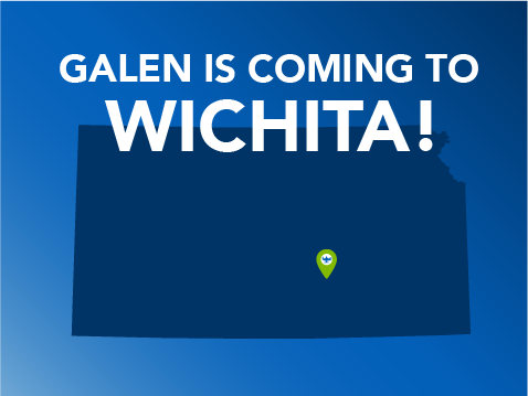 blue graphic with a map of Kansas saying Galen is Coming to Wichita with a location pin