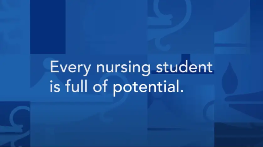 Text overlay on a blue background with faint Galen lamp logos that reads: Every nursing student is full of potential.