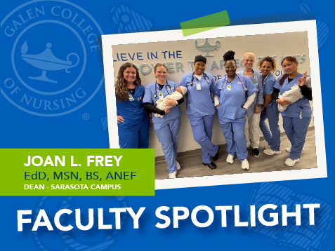 Header image with polaroid style overlay of Dr. Joan L. Frey with nursing education students