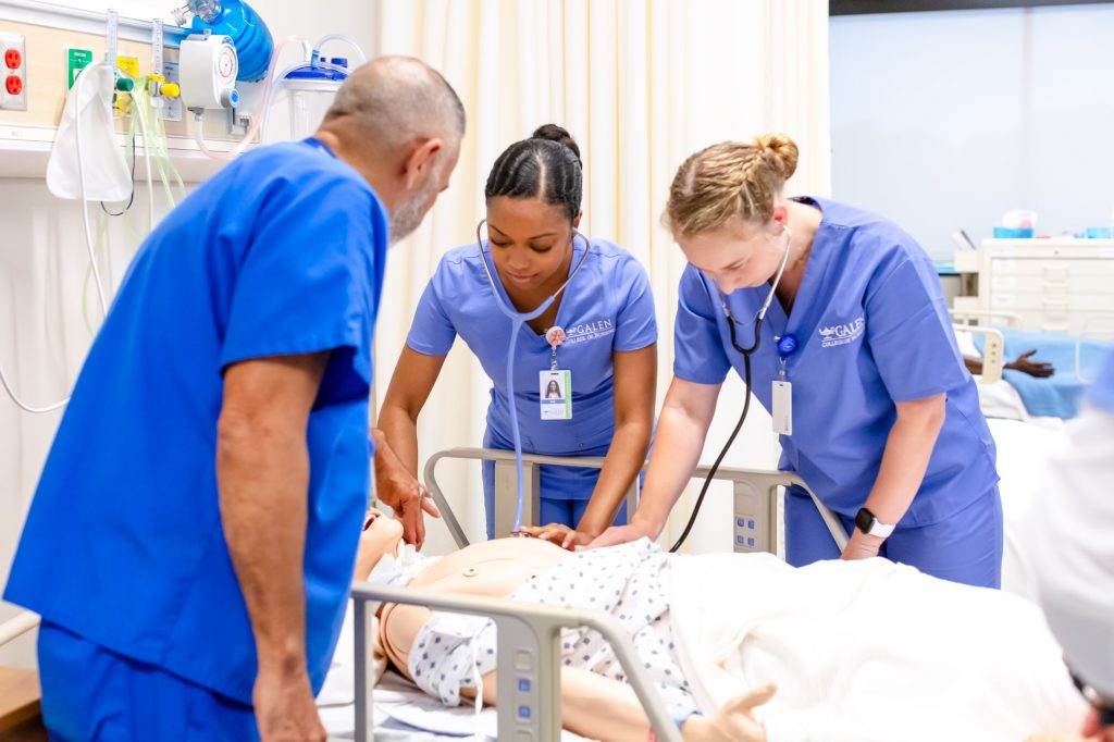 Galen students practice patient care during a simulation lab.