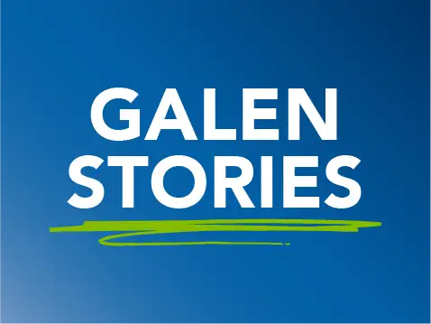 The words 'GALEN STORIES' in large white uppercase letters on a blue background, with a green, hand-drawn-style underline beneath 'STORIES'.