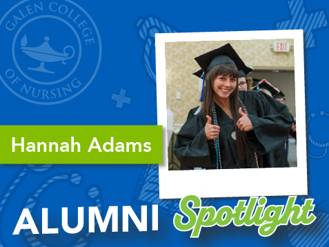 Graduate Hannah Adams wearing a cap and gown gives a thumbs-up while standing in an indoor hallway, featured in a Galen College of Nursing student spotlight graphic.