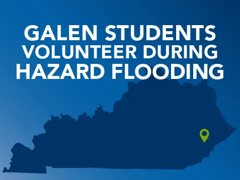 Graphic with the words "Galen Students Volunteer During Hazard Flooding" showing a map of KY with a pin where Hazard is located.