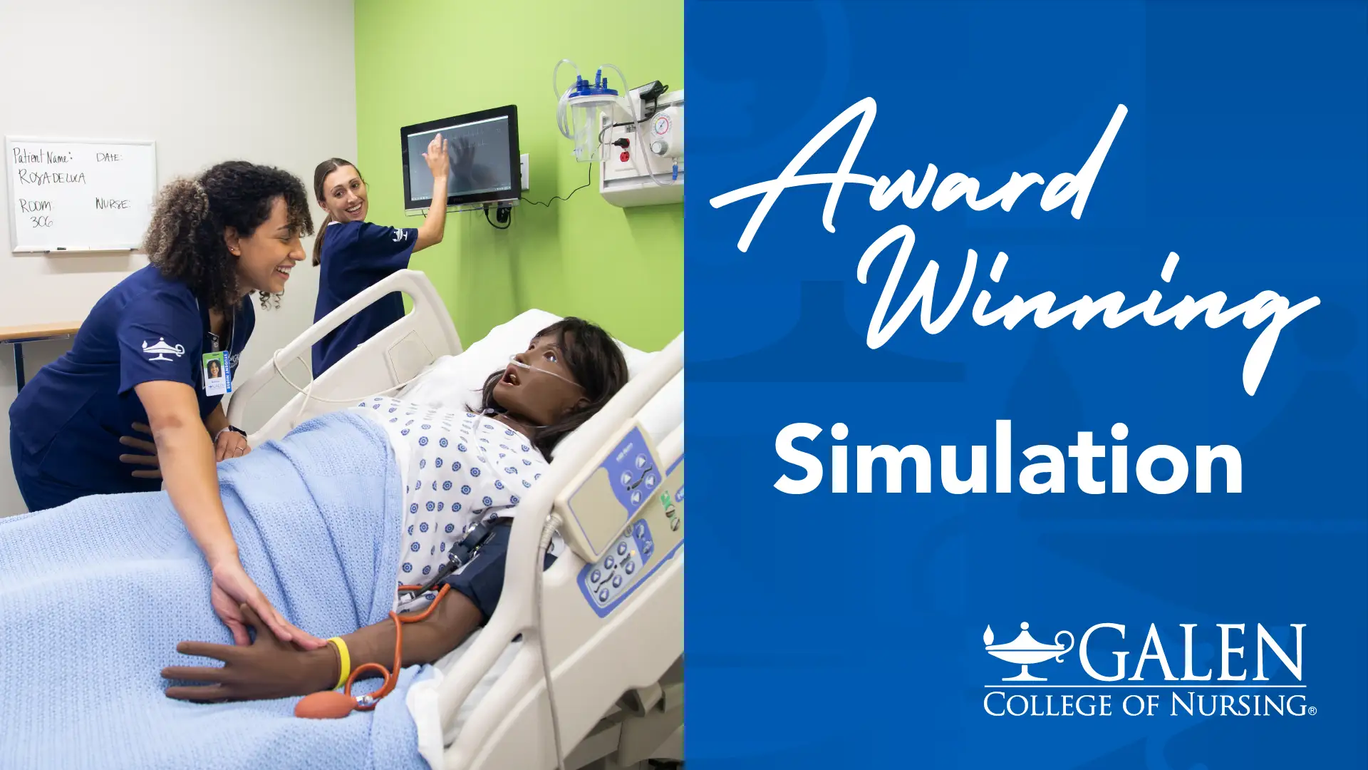 image of student nurse with manikin and header text overlayed on blue background