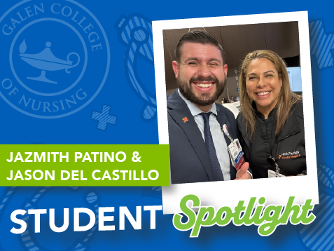 Student Spotlight graphic featuring Jazmith Patino and Jason Del Castillo, standing together in professional attire.