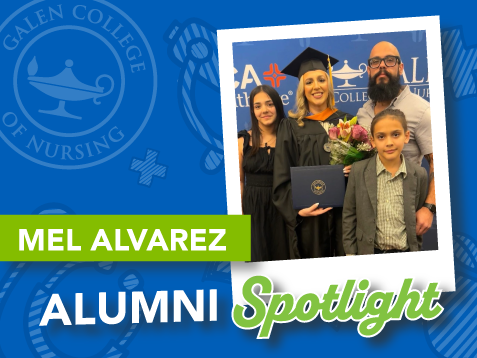 Graphic featuring Melissa Alvarez holding a diploma with family members, labeled “Mel Alvarez Alumni Spotlight” with Galen College of Nursing branding.