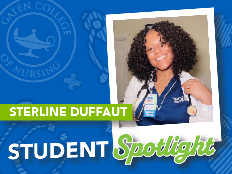 Student spotlight graphic of Sterline Duffaut in nursing scrubs and white coat with Galen College of Nursing branding.