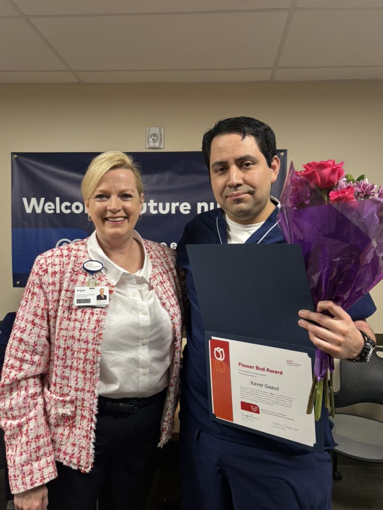 Galen Orlando student Xavier Gaaud, right, with Oviedo Medical Center CNO Angela Lewis.