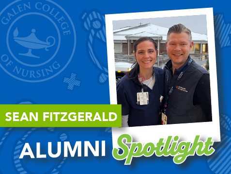 Graphic featuring a photo of two healthcare professionals with text reading “Sean Fitzgerald Alumni Spotlight” and Galen College of Nursing branding.