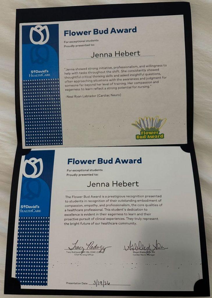 Close-up of a Flower Bud Award certificate recognizing a nursing student for initiative, professionalism, and patient-centered care.