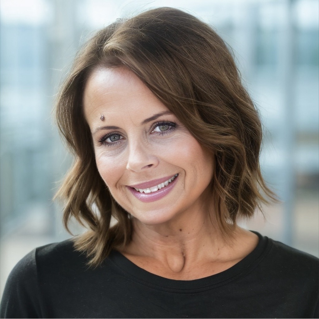 Professional headshot of a person with shoulder-length hair wearing a dark top, photographed indoors against a softly blurred background.