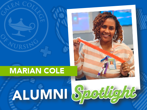 Alumni Spotlight graphic featuring Marian Cole holding an orange awareness ribbon and wearing a Galen College of Nursing ID badge, set against a blue Galen-branded background.