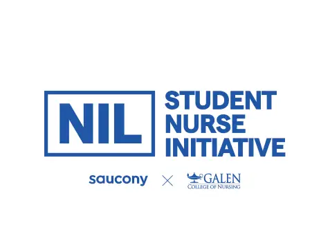 White graphic with the words "NIL, Student Nurse Initiative" and the Saucony and Galen logos.