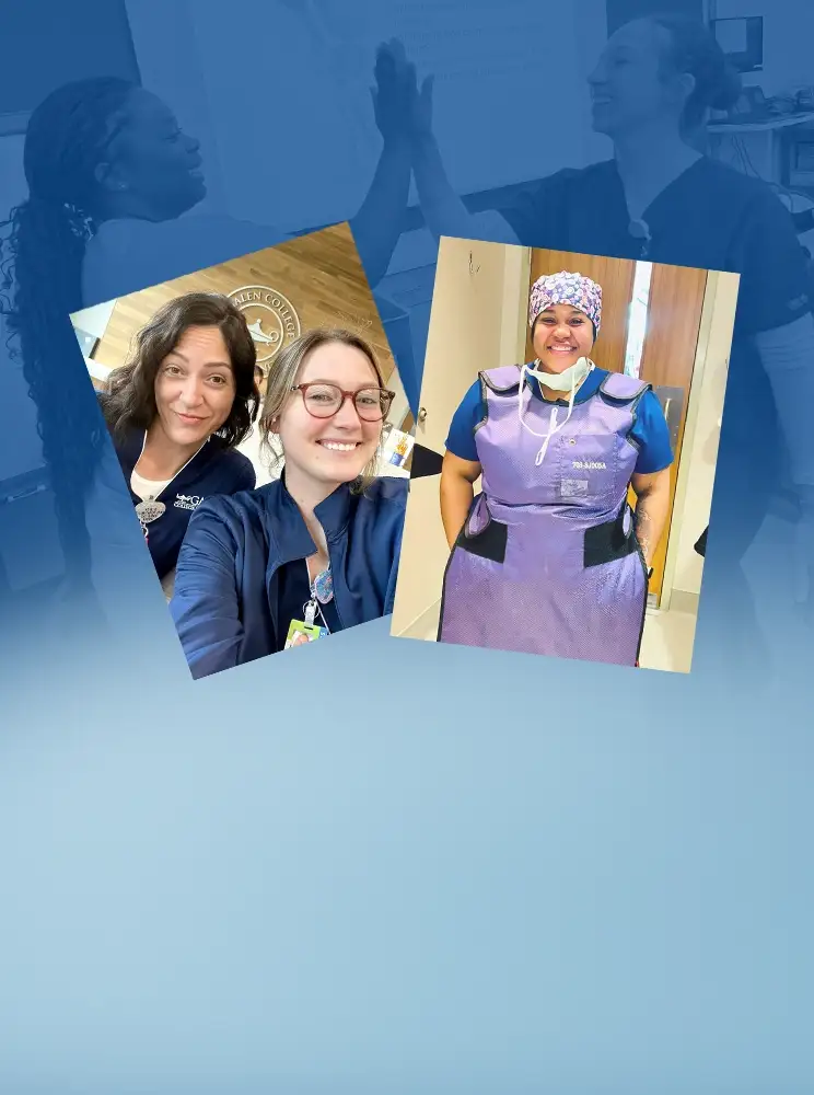 An image featuring two photos on the left against a blue background with a faint medical cross pattern. The left photo shows two smiling women, one with long dark hair and the other with glasses and blonde hair. The middle photo shows a smiling woman in a purple protective apron and a patterned head covering. The right side of the image is blank blue space.