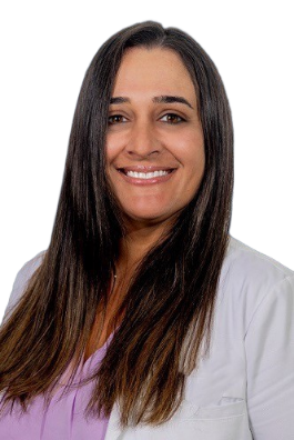 Professional headshot of a woman wearing a white coat over a lavender top against a white background.