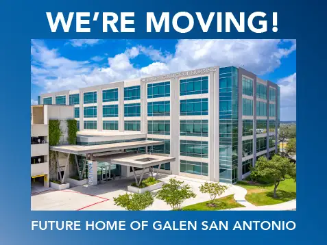 An image with text overlay on a blue background announcing 'WE'RE MOVING!' above a large photo of a modern, multi-story building with many windows, green landscaping, and a covered entrance. Below the building photo, more text reads 'FUTURE HOME OF GALEN SAN ANTONIO'.
