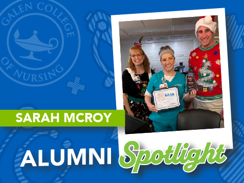 Graphic featuring the text “Sarah McRoy Alumni Spotlight” with a photo of a nurse holding a Rose Award certificate alongside colleagues.