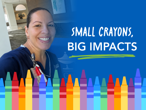 Smiling healthcare worker in scrubs on the left, with a blue graphic background featuring colorful crayon illustrations along the bottom and the text “Small Crayons, Big Impacts.”