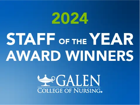 Text on a blue background reads '2024 STAFF OF THE YEAR AWARD WINNERS' in white, with '2024' in green. Below this, the logo for Galen College of Nursing is displayed, featuring an oil lamp above 'GALEN COLLEGE OF NURSING'.