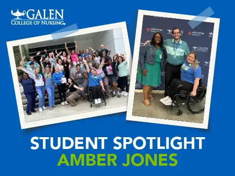 Two polaroid images of student, Amber Jones, with her peers against a blue backdrop and the headline "Student Spotlight Amber Jones"