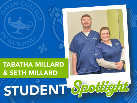 Two Galen College of Nursing students stand side by side wearing navy scrubs, featured in a student spotlight graphic with Galen College of Nursing branding and the text “Student Spotlight.