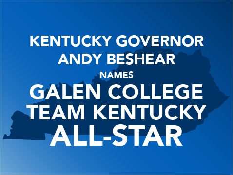 graphic that says Kentucky Governer Andy Beshear names Galen College Team Kentucky All-Star with an outline of Kentucky in the background