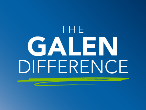 The words 'THE GALEN DIFFERENCE' in white uppercase letters on a blue background, with 'THE' in smaller font above 'GALEN' and 'DIFFERENCE' below it, underlined by a green, hand-drawn-style line.