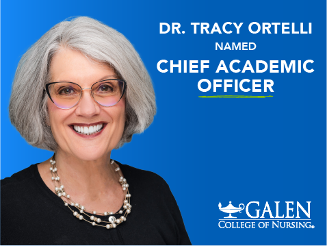 graphic with a headshot of Dr. Tracy Ortelli dedicated to her being named Chief Academic Officer