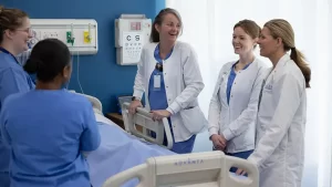 Galen nursing instructors and students gathered around a "patient" in the simulation lab