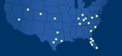 Map of the United States with dots indicating multiple locations, Galen College of Nursing campuses, primarily in the Southeast and Midwest.