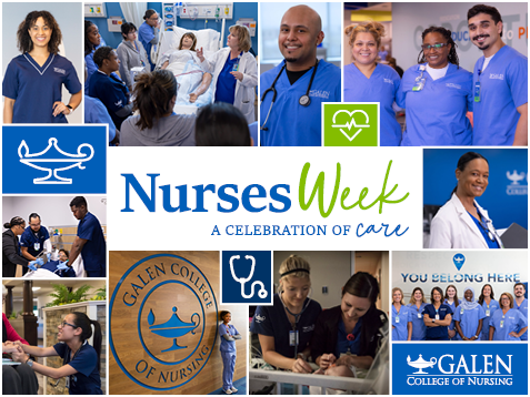 Collage featuring nursing students, faculty, and clinical training scenes surrounding the text “Nurses Week: A Celebration of Care.” Images include group instruction with a patient mannequin, hands-on patient care, classroom discussions, and the Galen College of Nursing logo.