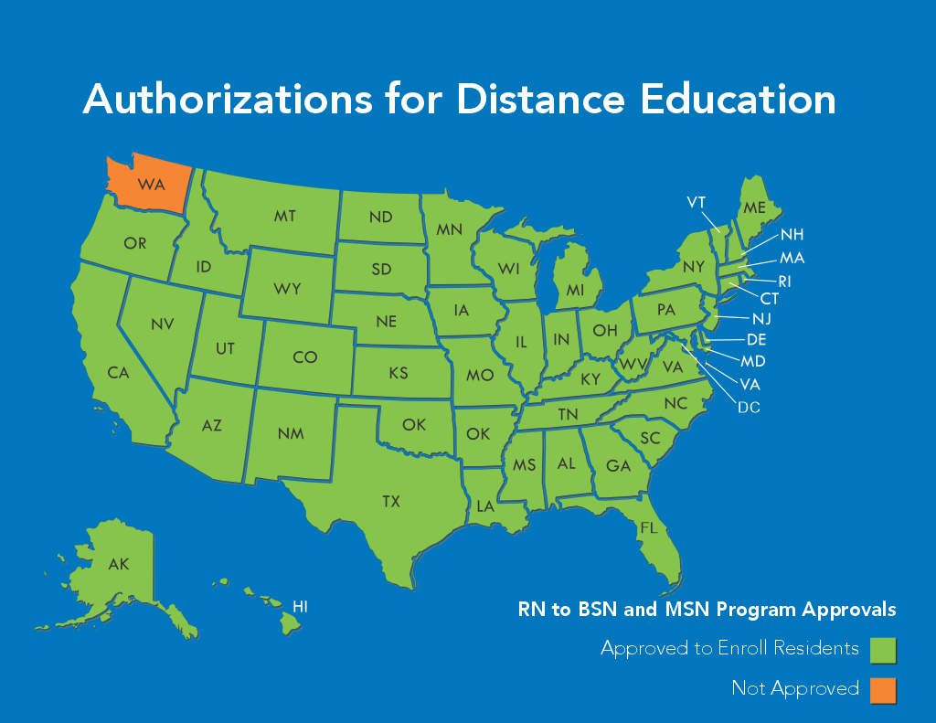 Authorizations for Distance Education map for RN to BSN and MSN program approvals.